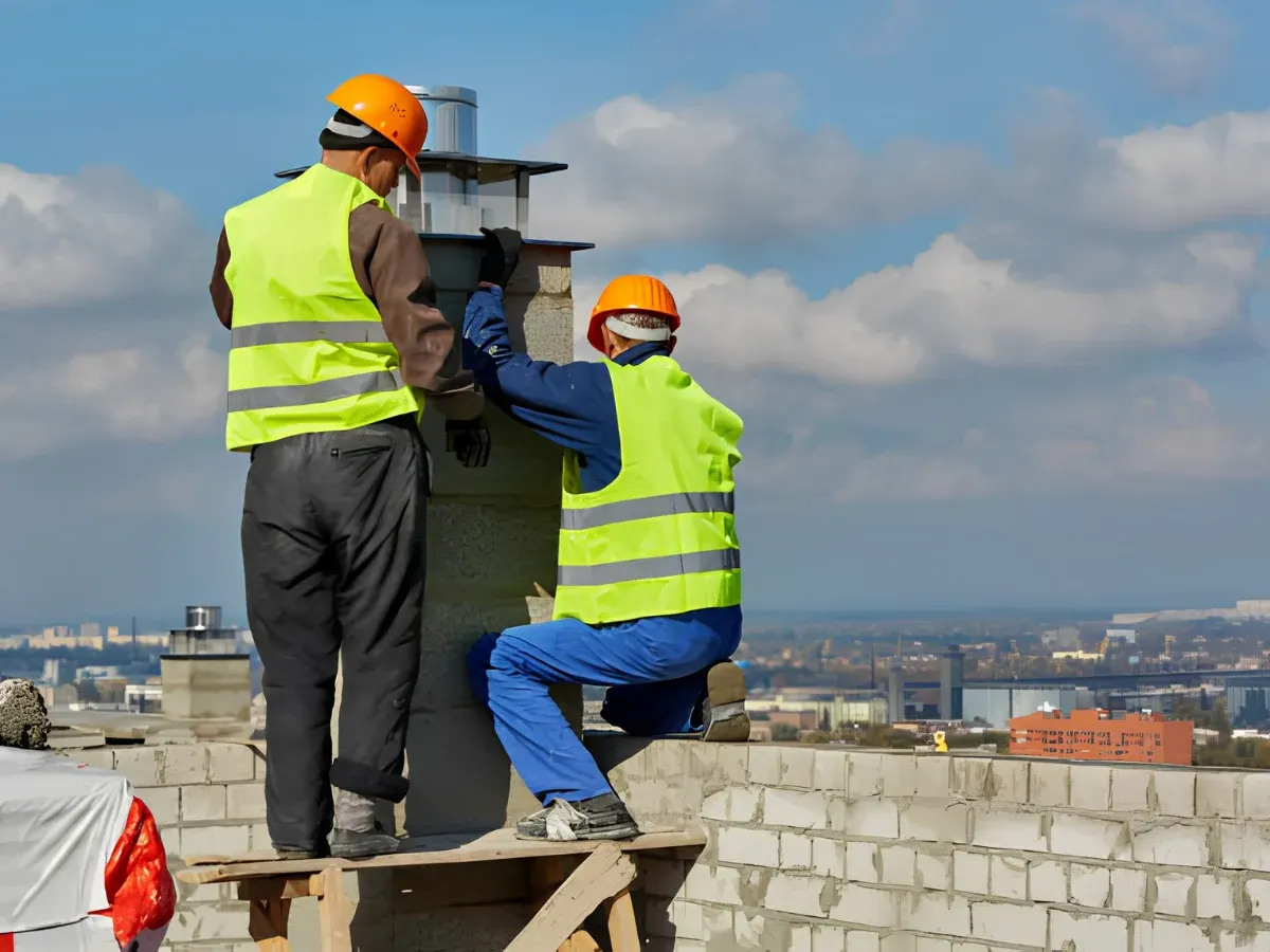 Technicians working beside a capped chimney
