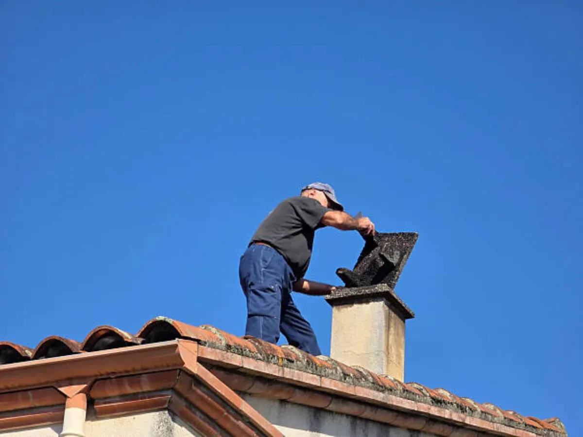 Chimney cap being inspected from the roof