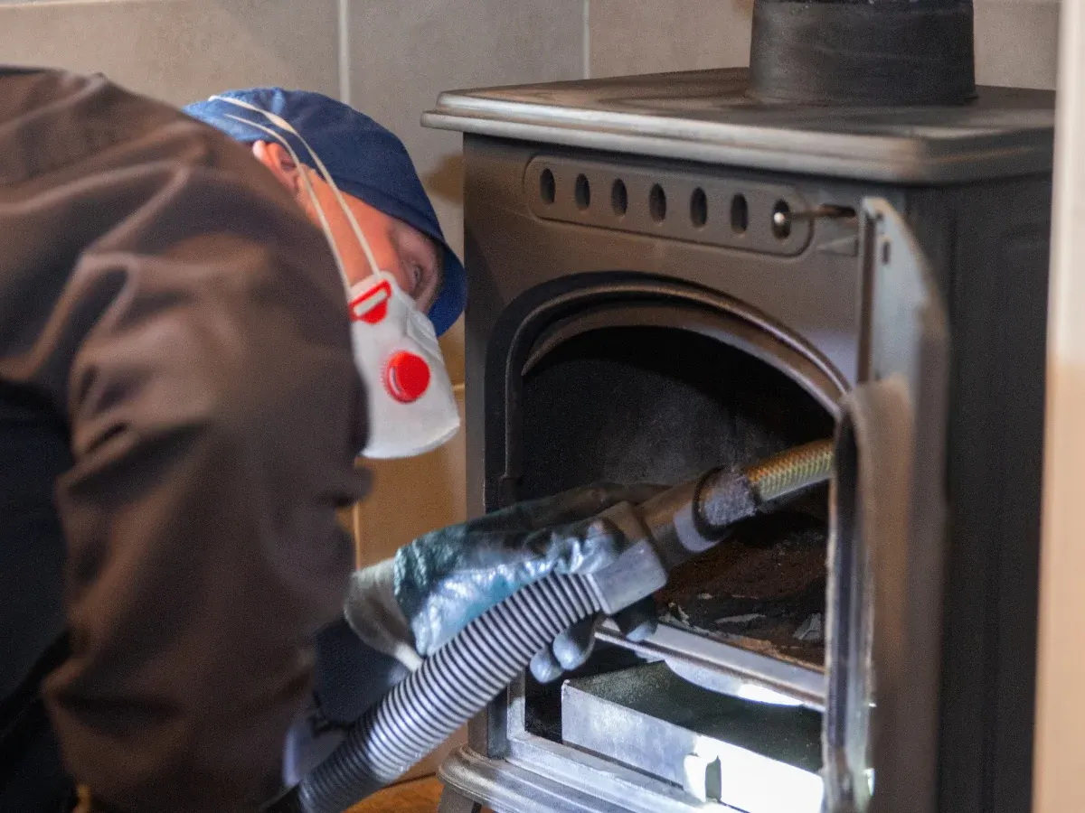 Stove firebox being cleaned with a vacuum hose