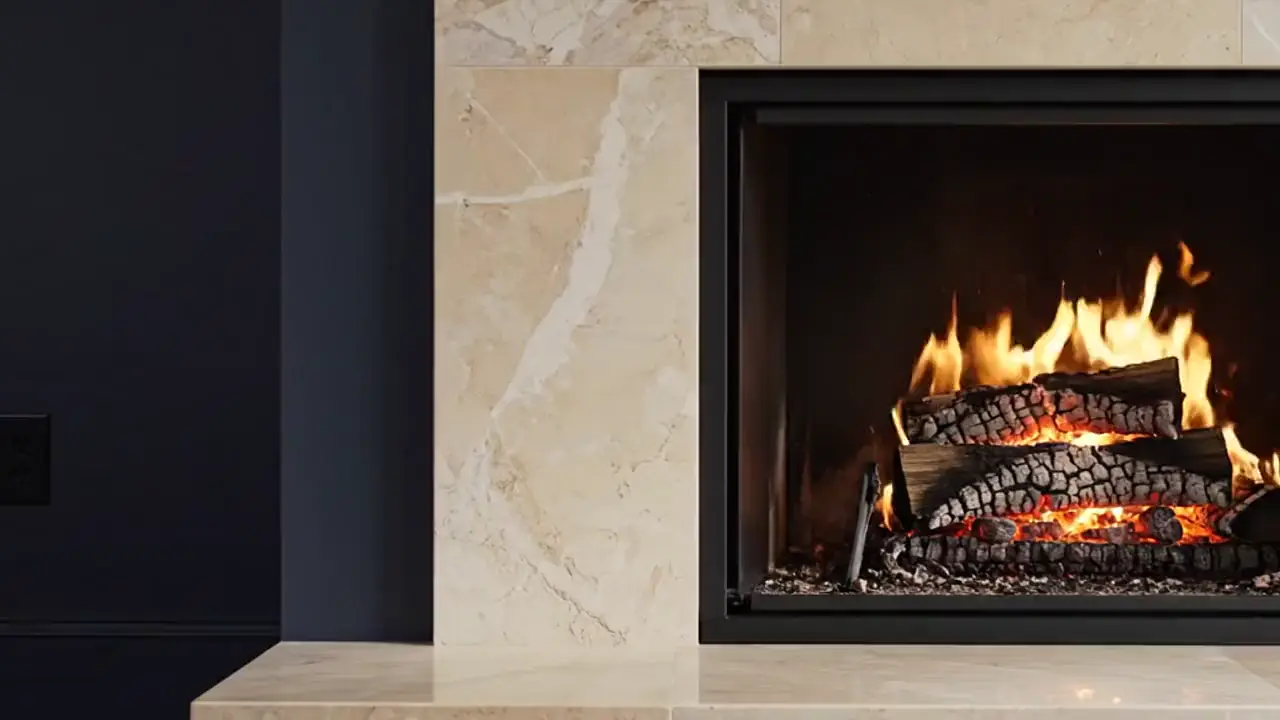 A warm fire burning in a stone fireplace