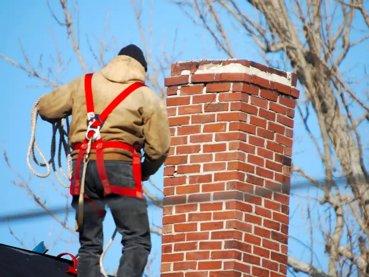 Technician working on chimney masonry and crown